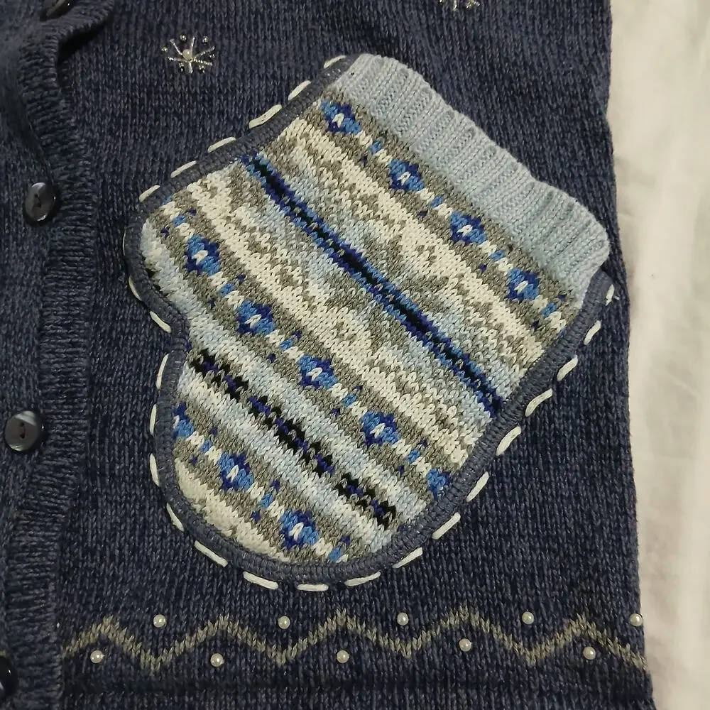 Classic Elements Small Blue Long-Sleeved Christmas Sweater Mitten Pockets